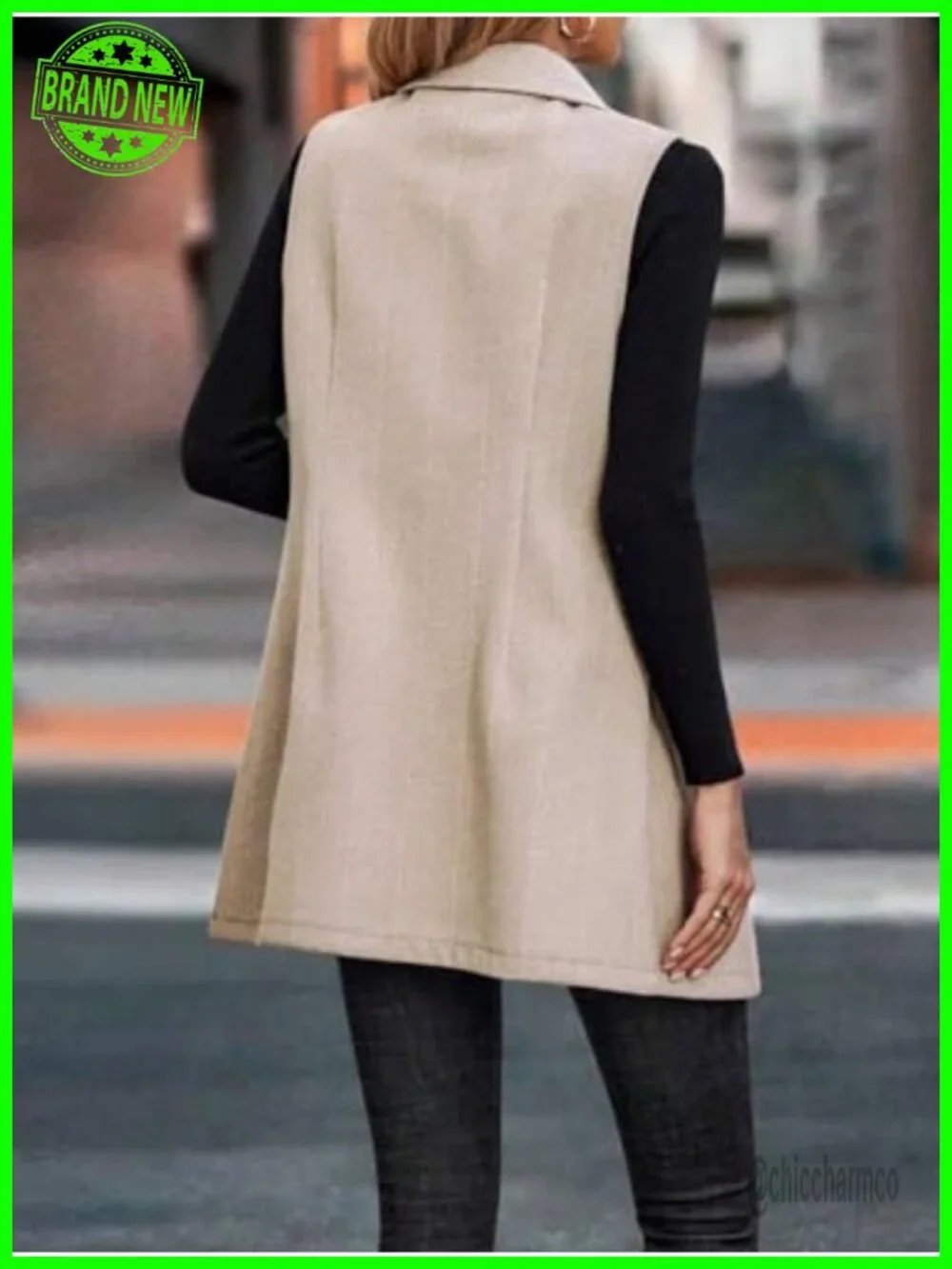 Long Sleeveless Tweed Blazer Vest Notch Lapel Double Breasted Cardigan Outerwear